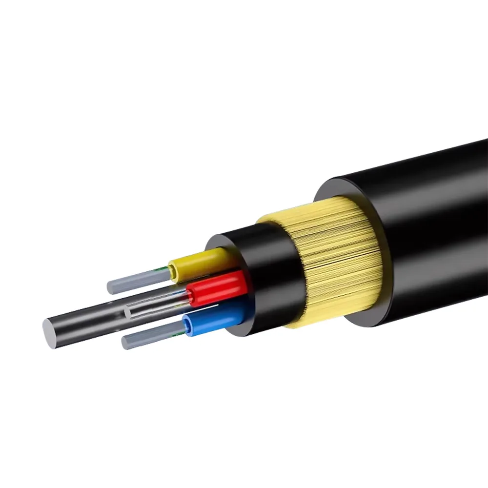 Cabo de fibra óptica ADSS para uso externo com 4 fibras ópticas em exposição.