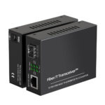 Pair of 1.25G SFP Fiber Optic Transceivers standing upright.