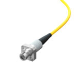 FC-FC Fiber Optic Adapter Simplex Large D-Type Flange Connector connected to fiber optic cable.