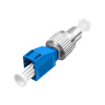 Angled view of FC Male to LC Female Fiber Optic Adapter.