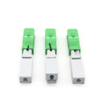 Three FTTH SC/APC Fiber Optic Fast Connectors grouped together.