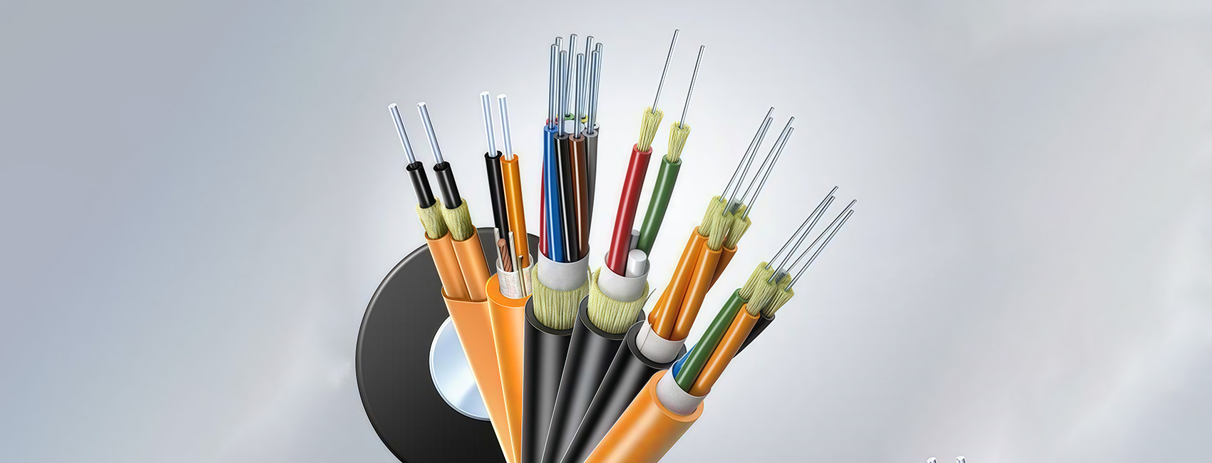 Cross-section of a loose tube fiber optic cable, with individual fibers loosely housed in separate buffer tubes around a central strength member.