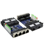 Close-up detail of Fiber to RJ45 Media Converter showing ports and connectors.