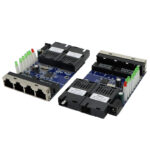 Pair of Fiber to RJ45 Media Converters standing upright.