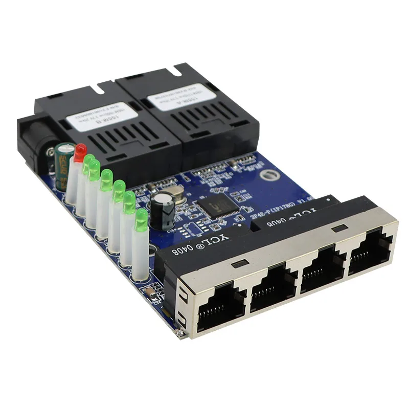Nhìn từ bên hông một cặp Bộ chuyển đổi phương tiện từ cáp quang sang RJ45.