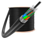 GYTA Aluminum Armored Fiber Optic Cable coiled into a round bundle on a wooden spool.