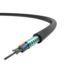 Outdoor GYTS 4 Core Aluminum Armored Aerial Duct Fiber Optic Cable with 4 fiber cores displayed.