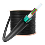 GYXTW Central Tube Outdoor Armored Fiber Optic Cable coiled into a round bundle on a wooden spool.