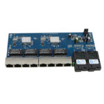 Close-up of 8 RJ45 ports on Gigabit Fiber Optic Switch.