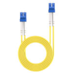 Close-up of LC connectors on duplex single mode fiber patch cable