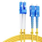 Close-up of LC and SC/UPC connectors on fiber patch cable