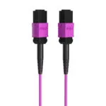 Primer plano de conectores hembra MTP en un cable de conexión multifibra de 12 hilos