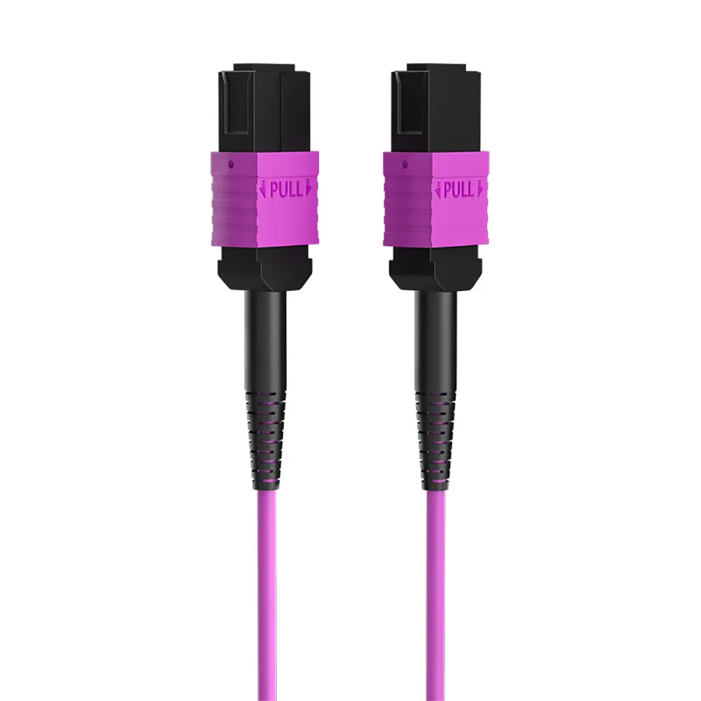 Primer plano de conectores hembra MTP en un cable de conexión multifibra de 12 hilos