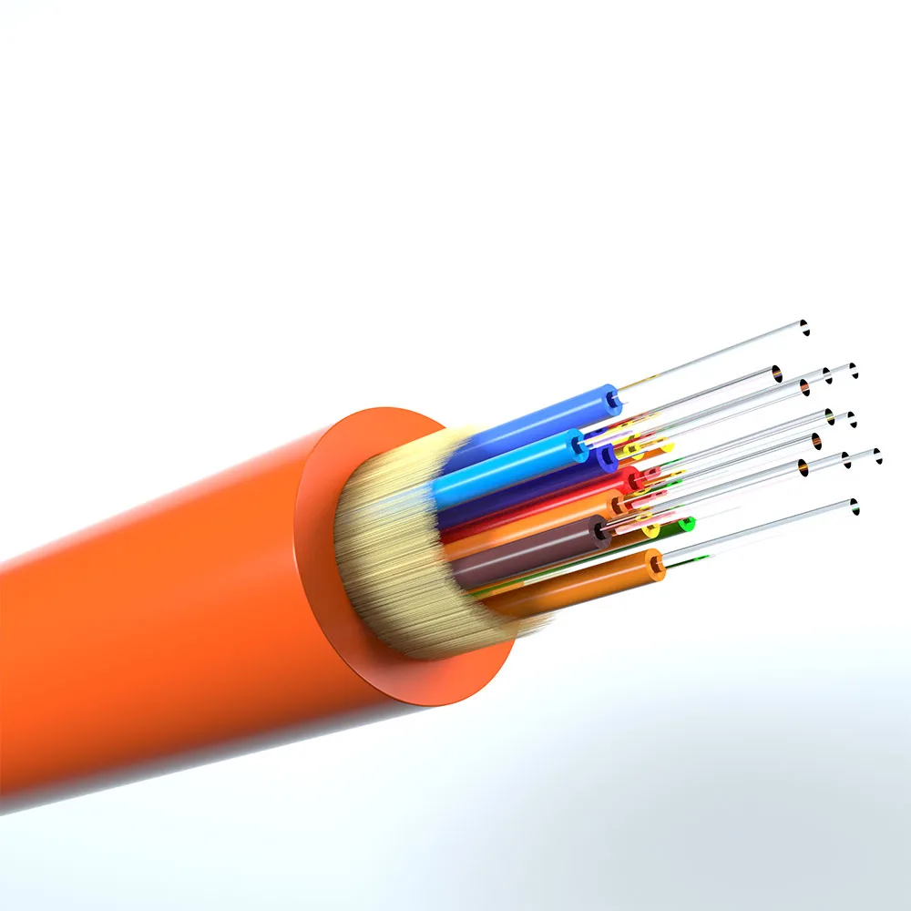デュプレックス OM2 光ファイバー ケーブル 50/125µm の単芯ファイバーをクローズアップ表示します。