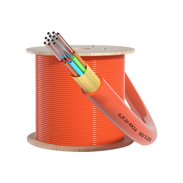 Duplex OM2 Fiber Optic Cable 50/125µm coiled into a round bundle on a wooden spool.