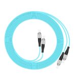 Close-up view of OM3 Fiber Patch Cable, FC UPC to FC UPC Duplex coiled in a circular shape.