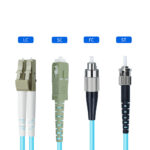 Close-up of LC UPC duplex connectors on fiber patch jumper cable