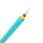 Single fiber strand of OM4 50/125 Multimode Loose Tube Fiber Optic Cable displayed for close-up view.
