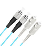 Close-up of SC UPC and FC UPC connectors on duplex fiber optic patch cable