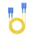 Close-up of SC/UPC connectors on duplex fiber patch cable