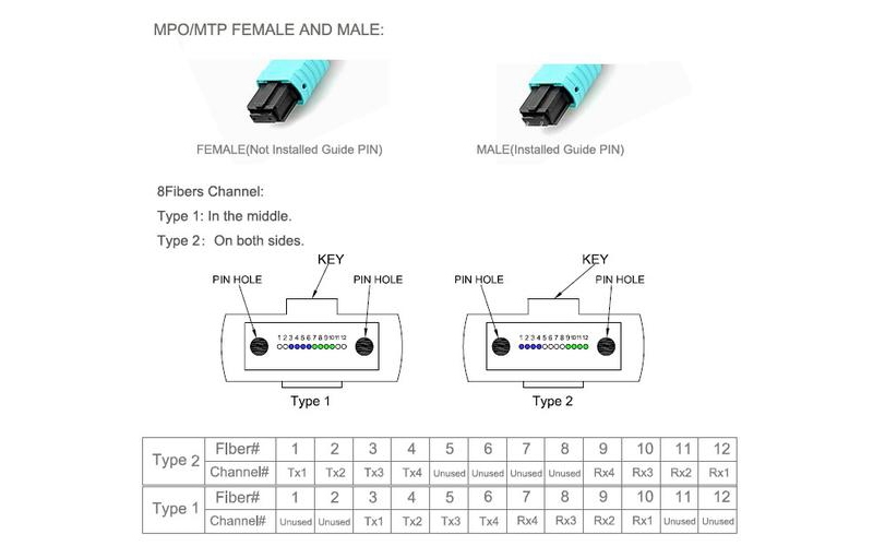 MTP and MPO fiber optic connectors side by side