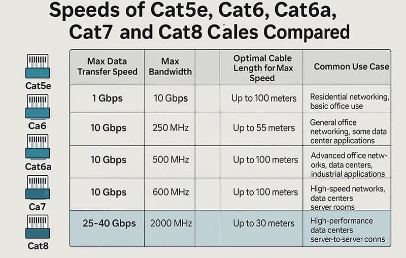 Cat5 vs Cat5e vs Cat6 vs Cat6a vs Cat7 vs Cat8 Speed