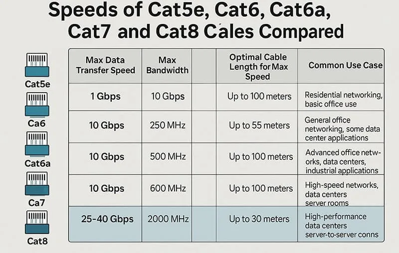 سرعة Cat5 مقابل Cat5e مقابل Cat6 مقابل Cat6a مقابل Cat7 مقابل Cat8