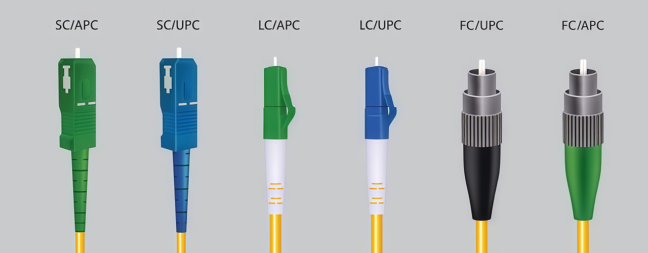 Various fiber optic connector types side by side