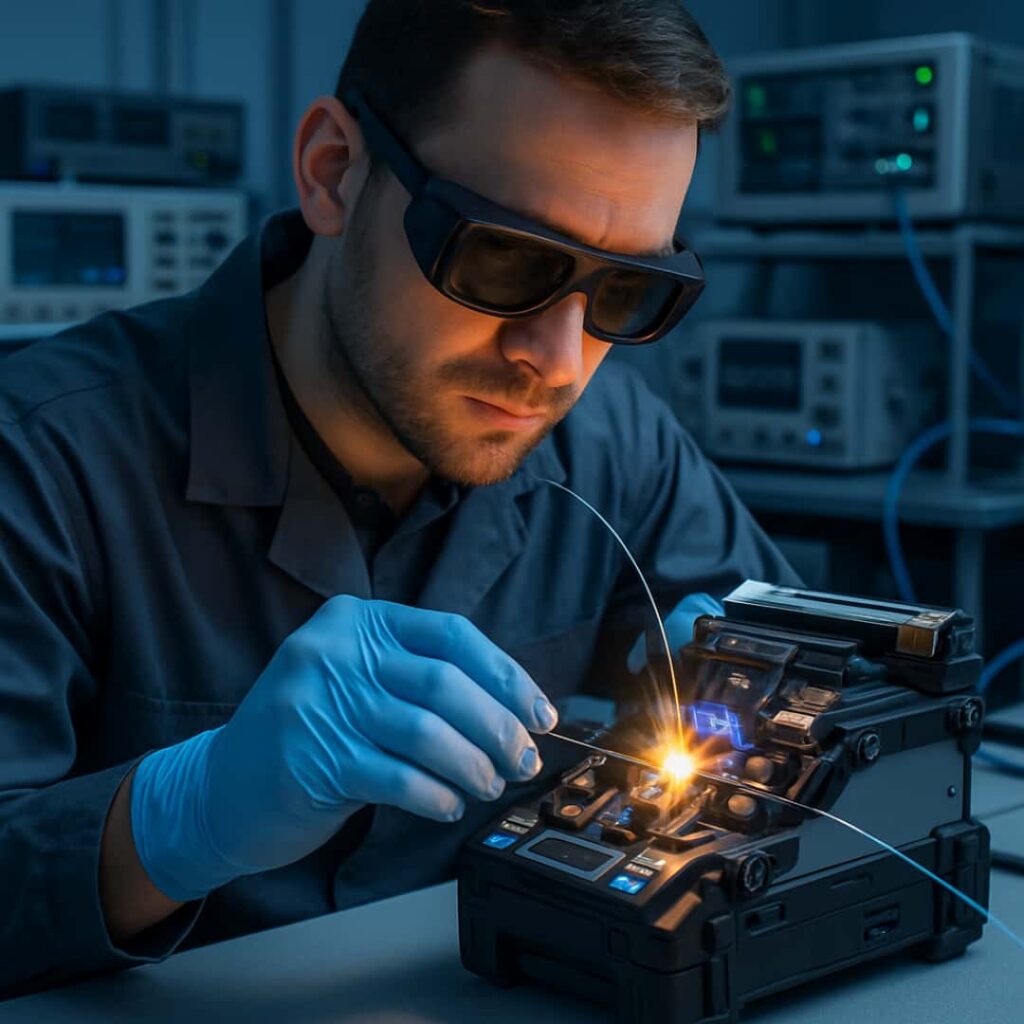 Technician performing fiber optic fusion splicing