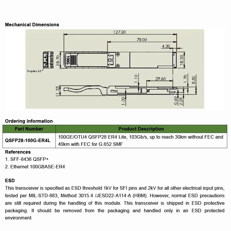 Механические размеры модулей 100G QSFP28