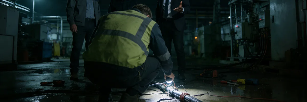 Ingeniero probando cables de fibra óptica en un entorno oscuro y húmedo.