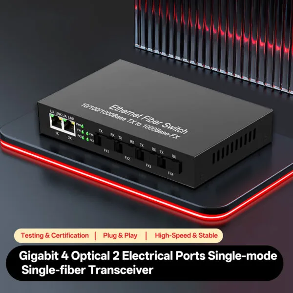 مبدل رسانه‌ای SC POE تک حالته 2xRJ45 به 4xSFP 10/100/1000Base-T