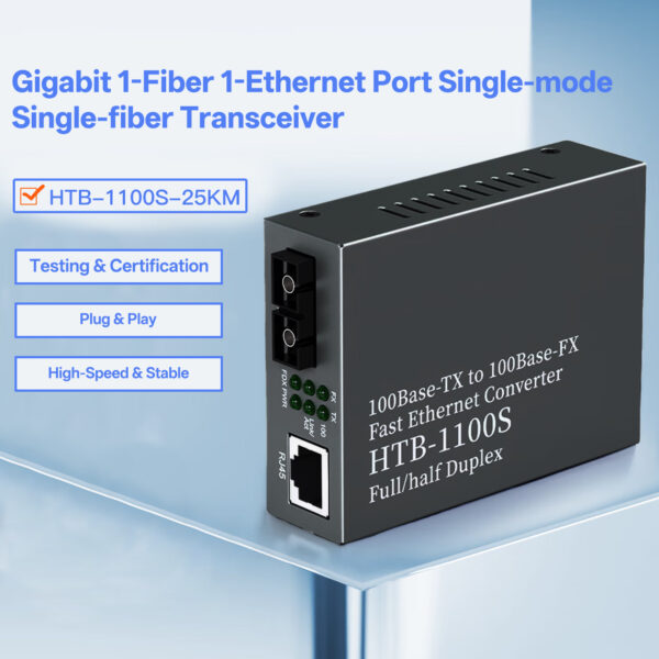 HTB-1100S Mini Media Converter – 1x RJ45 to 1x Single Mode SC/FC/ST Dual Fiber, 10/100Mbps